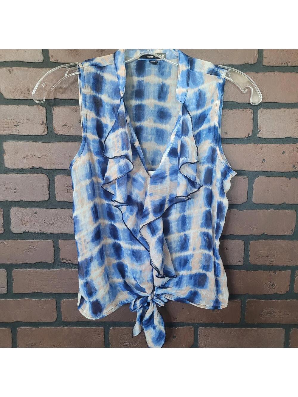 Heart Soul Semi Sheer Blue Tie Dye Ruffle Sleeveless Blouse Tank Top Size XS